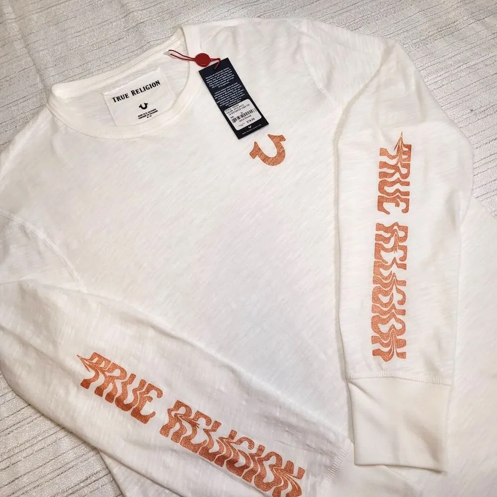 TRUE RELIGION Long Sleeve Shirt Sleeve Hits Optic White Unisex Medium *NEW* $79